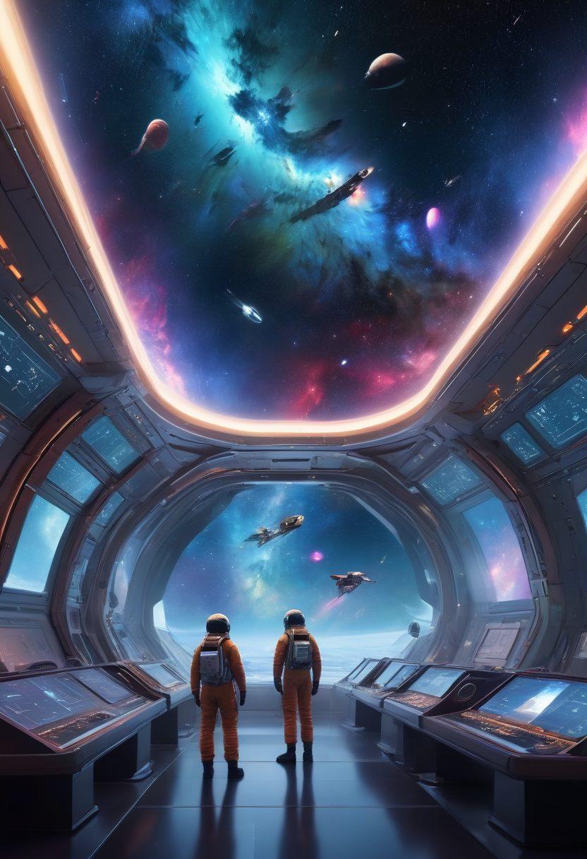 A futuristic spacecraft soaring through a vibrant galaxy filled with colorful nebulae and distant stars, featuring scientists and engineers in sleek space suits conducting experiments at a high-tech lab on a spaceship. Intricate diagrams of interstellar travel systems can be seen in the foreground, and an advanced AI holographic interface displays travel routes. The scene should evoke a sense of wonder and innovation about space exploration. hyper-realistic. vivid colors. cosmic background.