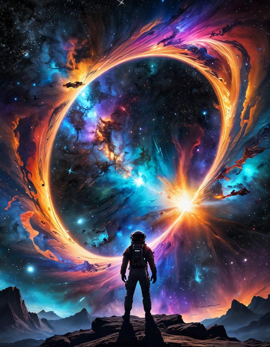 A breathtaking view of the cosmos showcasing a vibrant nebula with swirling colors, stars in various sizes twinkling against the backdrop of deep space. Include futuristic spaceships exploring distant galaxies and a glowing wormhole, symbolizing interstellar travel. Frame the scene with a silhouette of an astronaut gazing in awe, with elements of stellar phenomena like supernova explosions in the background. super-realistic. vibrant colors. digital art.