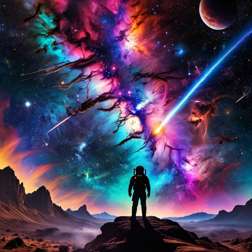 A breathtaking cosmic scene featuring a vibrant nebula with swirling colors, inhabited by fantastical celestial bodies like glowing planets, shooting stars, and distant galaxies. Include a futuristic spaceship exploring the vastness of space, set against a starry night sky. The foreground should feature a silhouette of an astronaut gazing upwards in wonder. super-realistic. vibrant colors. 3D.